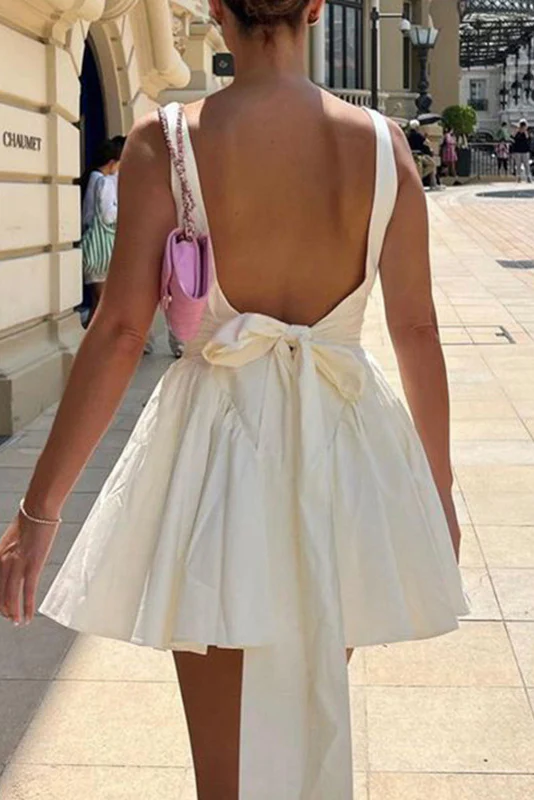 Floriane Peach Bow Mini Dress - White - Image 2