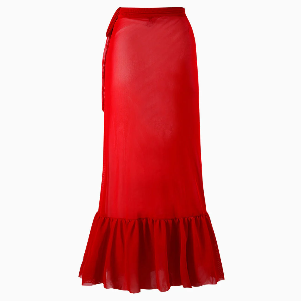 FLowy High Waist Bow Tie Mesh Ruffle Mermaid Maxi Wrap Sarong Cover Up - Image 2