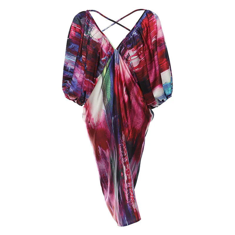 FLowy Puff Sleeve Ruched  V Neck Cross Open Back Oversized Midi Dress - Image 4