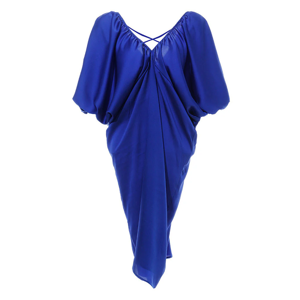 FLowy Puff Sleeve Ruched  V Neck Cross Open Back Oversized Midi Dress - Image 5