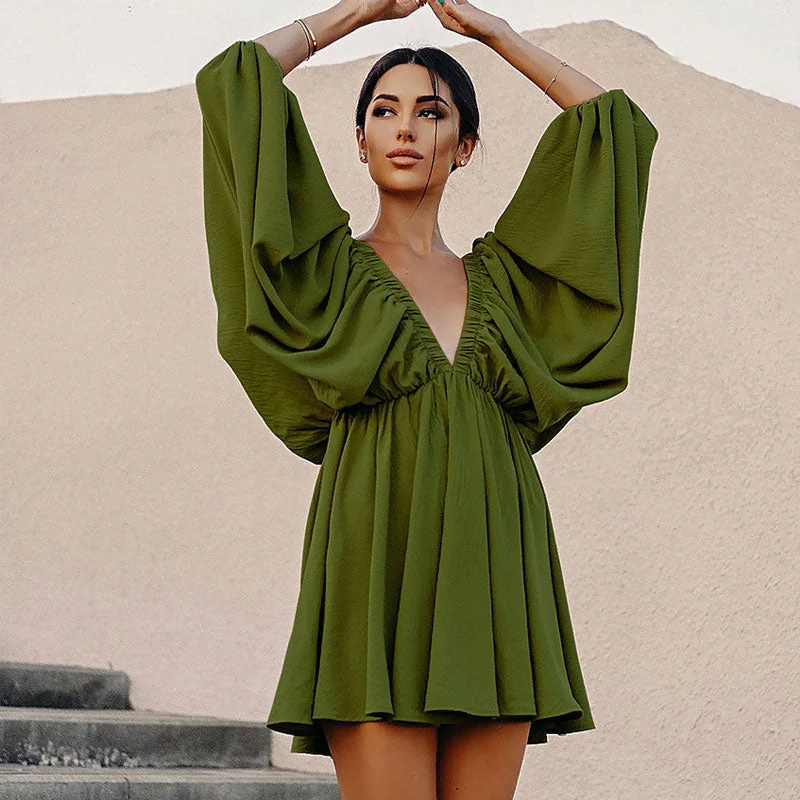 Flowy Textured Ruched Ruffle Deep V Butterfly Sleeve Mini Dress - Green - Image 2