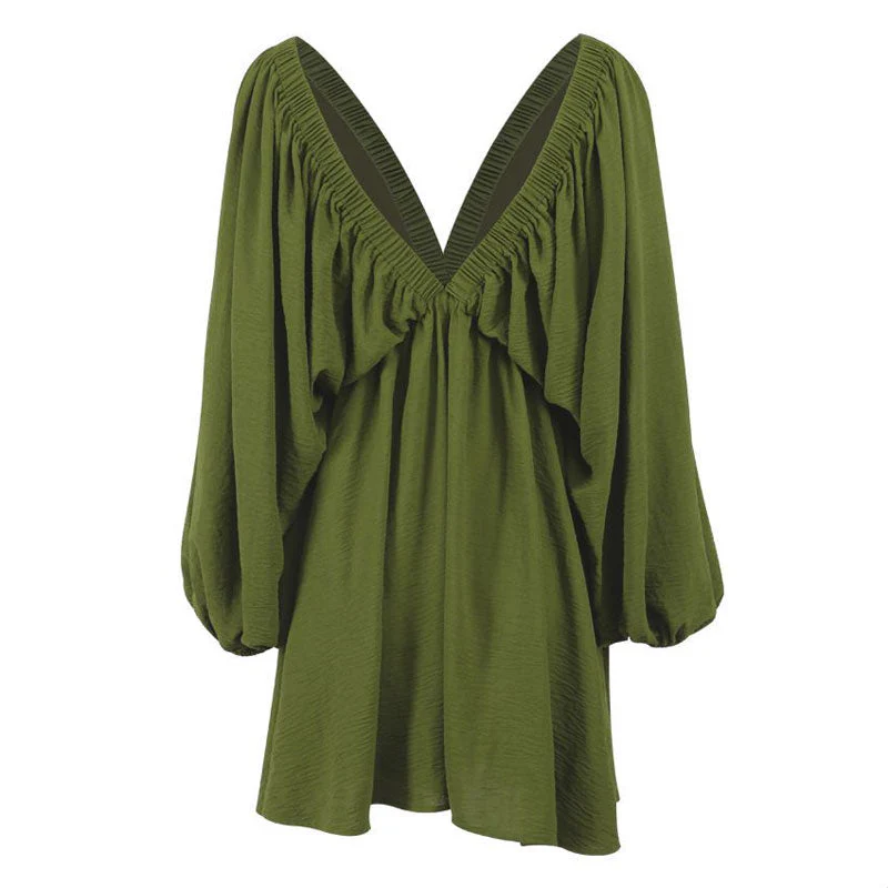 Flowy Textured Ruched Ruffle Deep V Butterfly Sleeve Mini Dress - Green - Image 4