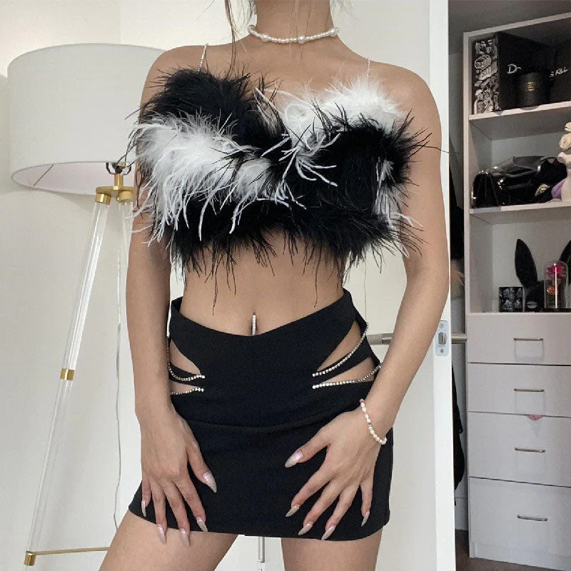 Fluffy Faux Feather Rhinestone Trim Spaghetti Strap Crop Top - Black - Image 2