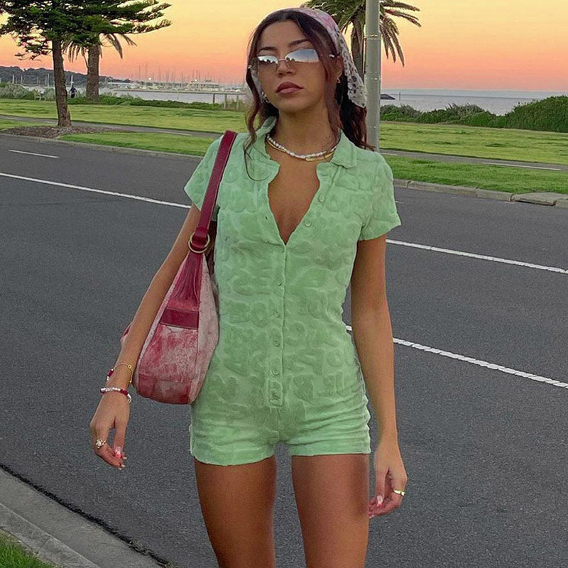 Fluffy Letter Embossed Sleeved Button Down Collared Romper - Green - Image 3