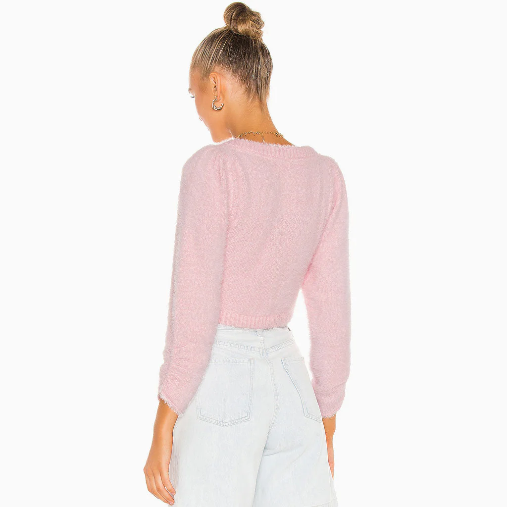 Fluffy Rose Button Scoop Neck Long Sleeve Knit Crop Sweater - Pink - Image 4