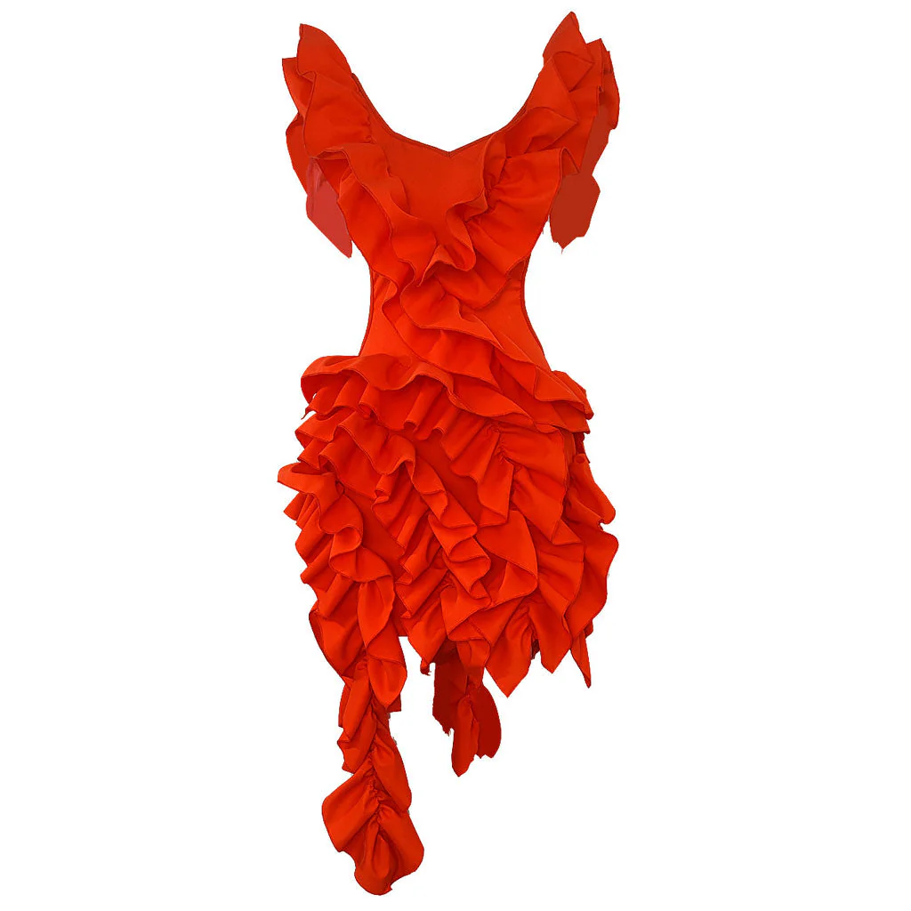 Flutter Ruched Ruffle V Neck CutOut Waist Backless Draped Asymmetrical Mini Dress - Image 4