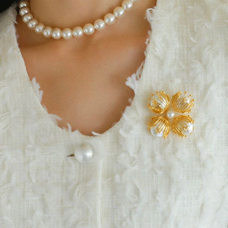 FOR YOU IN FULL BLOSSOM 18K Gold Plated Pearl FLower Bud Brooch - Image 2