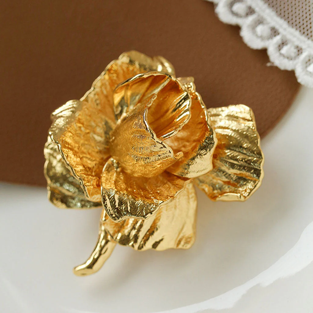 FOR YOU IN FULL BLOSSOM Glossy 18K Gold Plated Rose FLower Brooch - Image 3