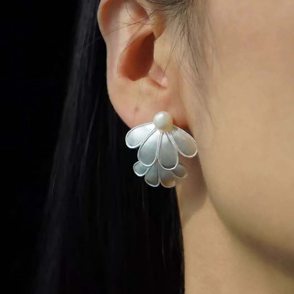 FOR YOU IN FULL BLOSSOM Pearl Brushed Layered Petal Stud Earrings - Image 4