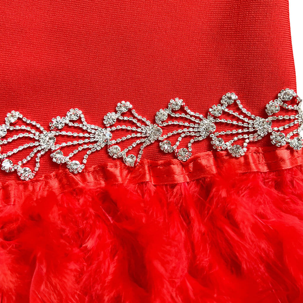 Formal Crystal Feather Trim Leg of Mutton Sleeve Bandage Bodycon Mini Dress - Image 6