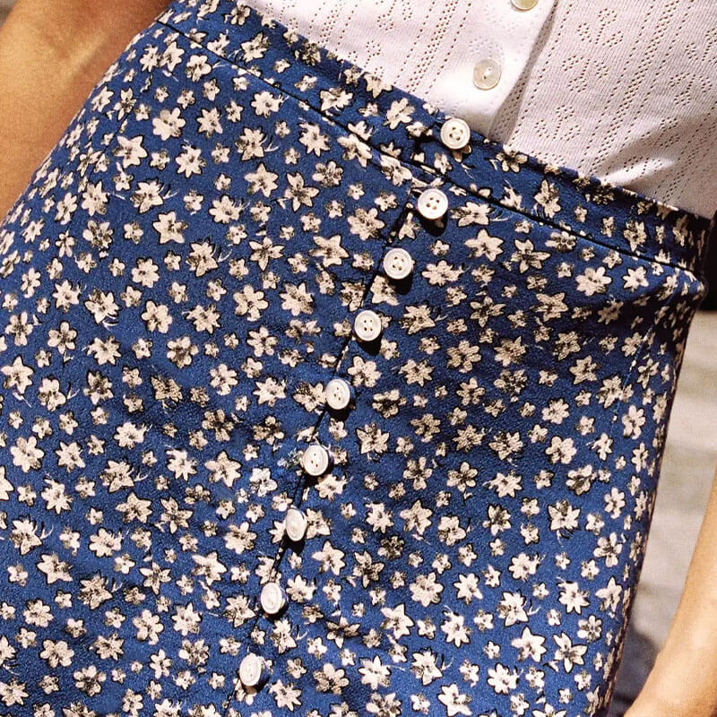 French Floral Print Ruffle Split Button Up Mini Skirt - Blue - Image 4