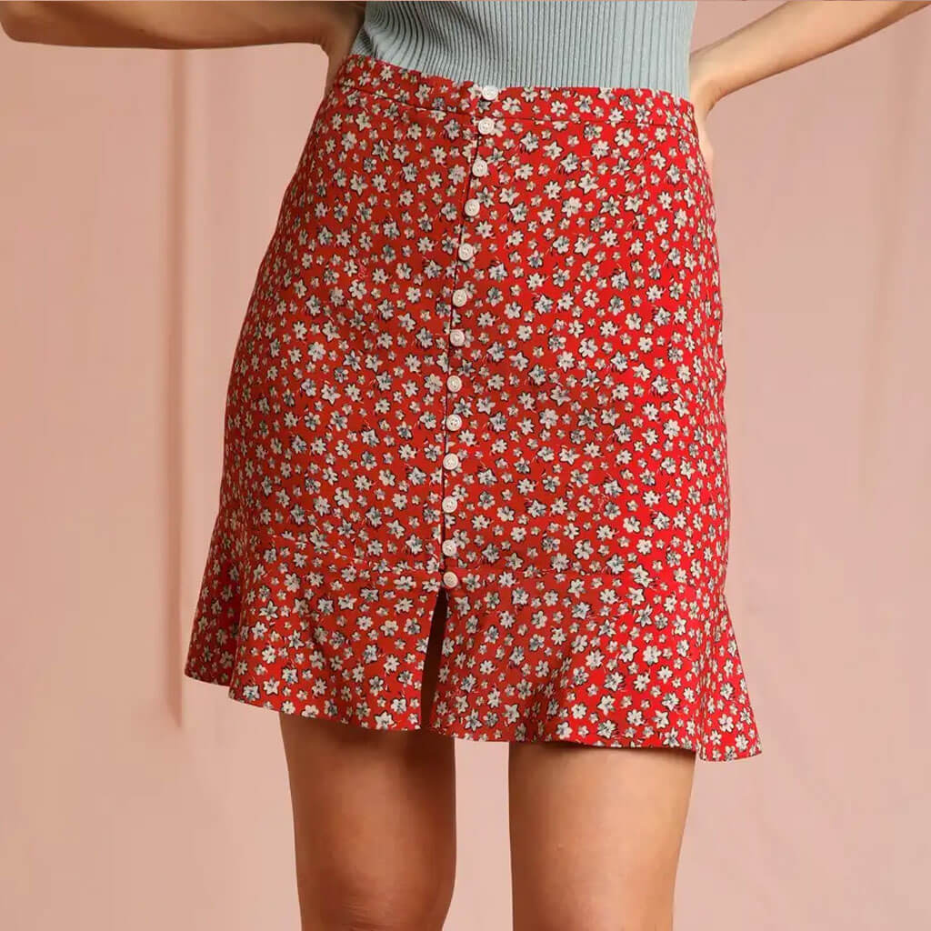 French Floral Print Ruffle Split Button Up Mini Skirt - Red - Image 2