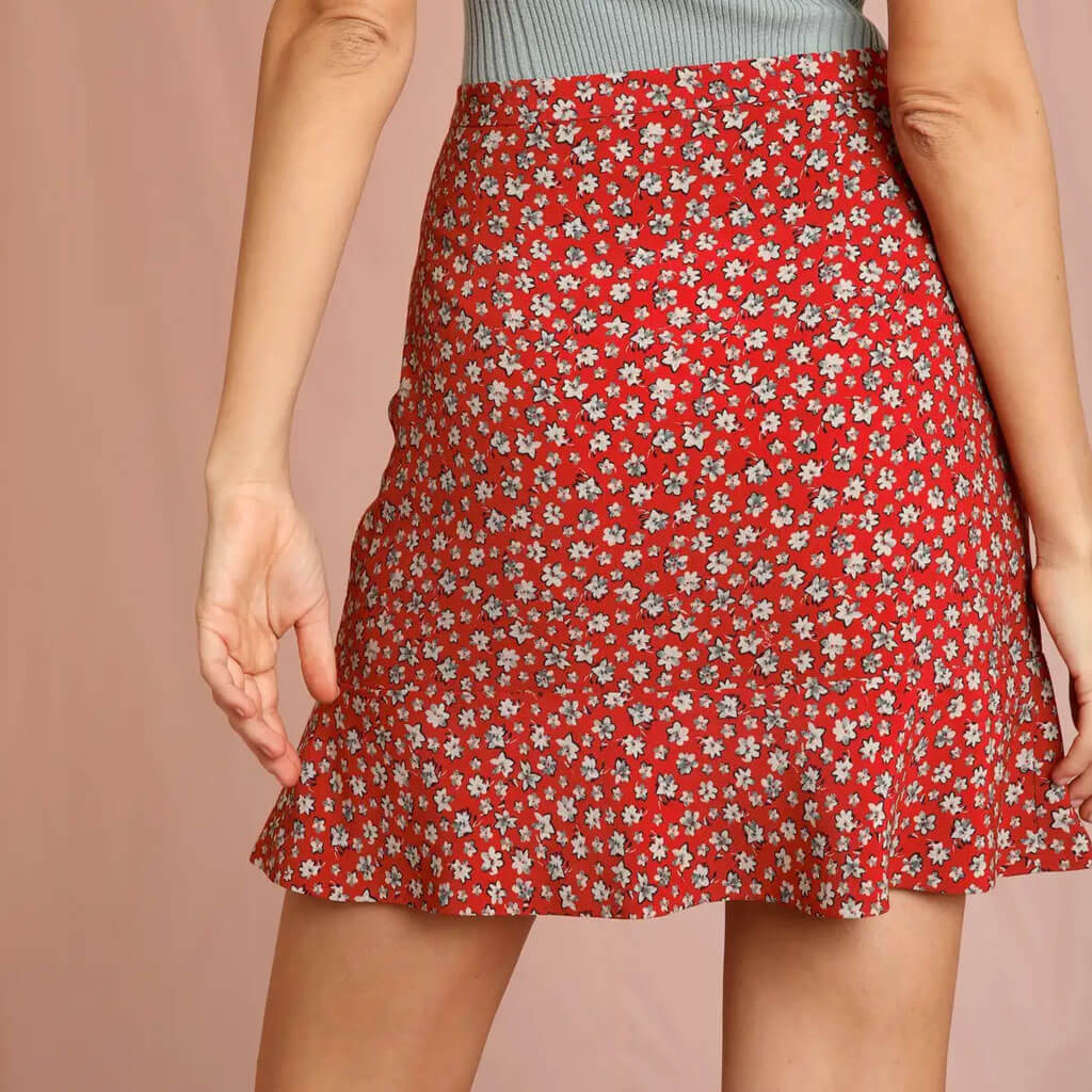 French Floral Print Ruffle Split Button Up Mini Skirt - Red - Image 3