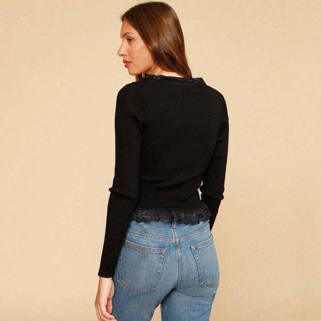 French Lace Edge Long Sleeve Button Front Rib Knit Top - Black - Image 3
