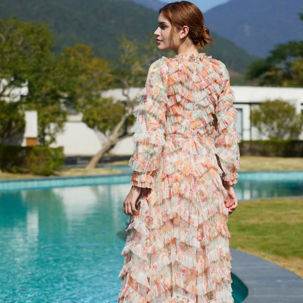 French Style Crew Neck 3/4 Sleeve A Line Printed Floral Tulle Ruffle Maxi Dress - Image 3