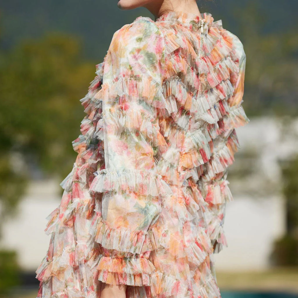 French Style Crew Neck 3/4 Sleeve A Line Printed Floral Tulle Ruffle Maxi Dress - Image 4