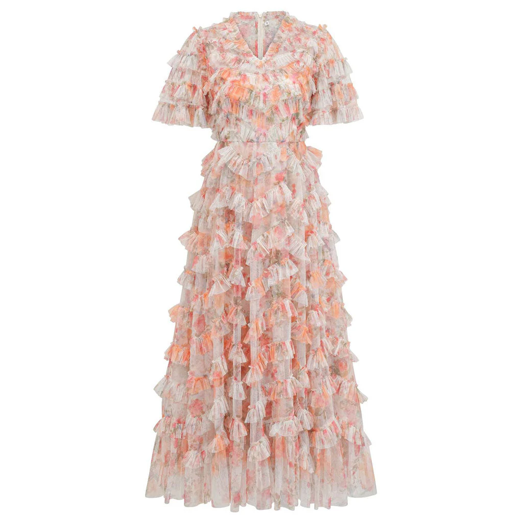 French Style Crew Neck 3/4 Sleeve A Line Printed Floral Tulle Ruffle Maxi Dress - Image 5