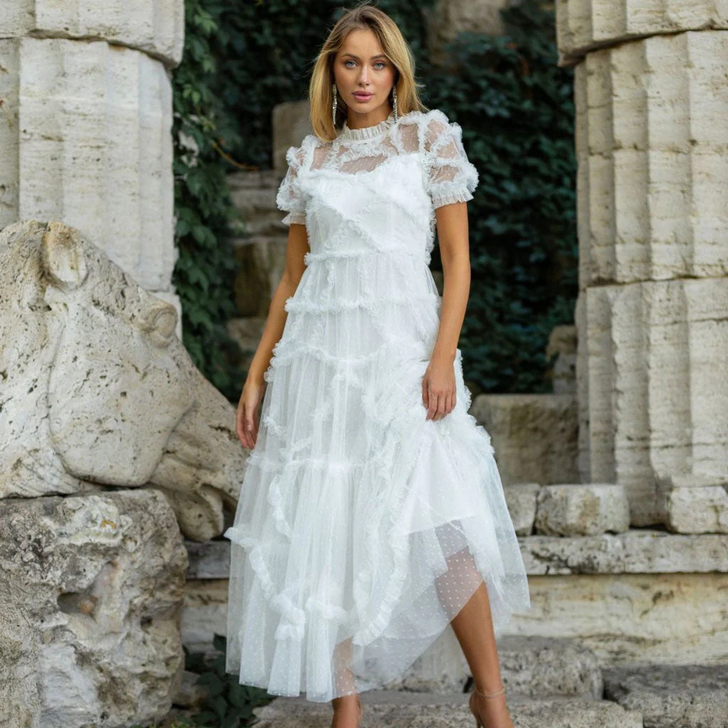 French Style Frill Neck Short Sleeve A Line Dotted Ruffle Tulle Tiered Maxi Dress - Image 2