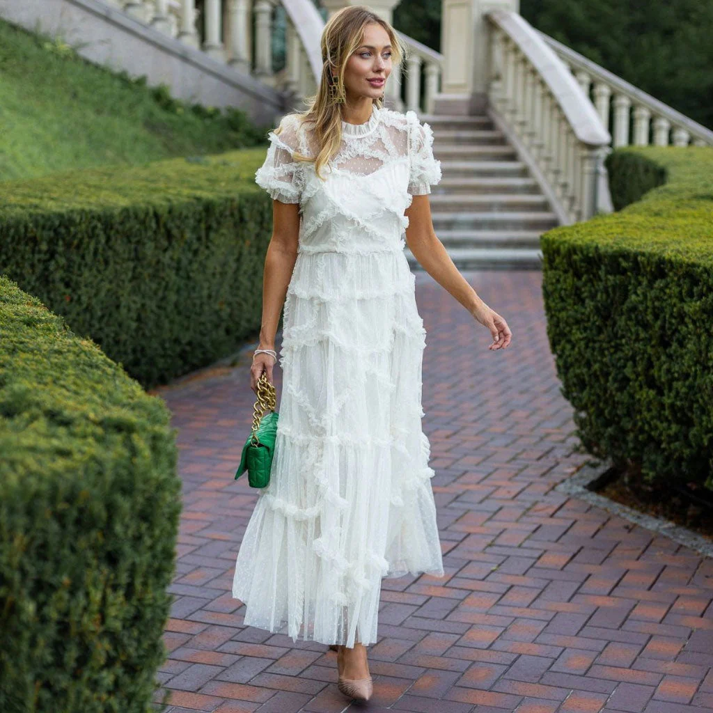French Style Frill Neck Short Sleeve A Line Dotted Ruffle Tulle Tiered Maxi Dress - Image 3