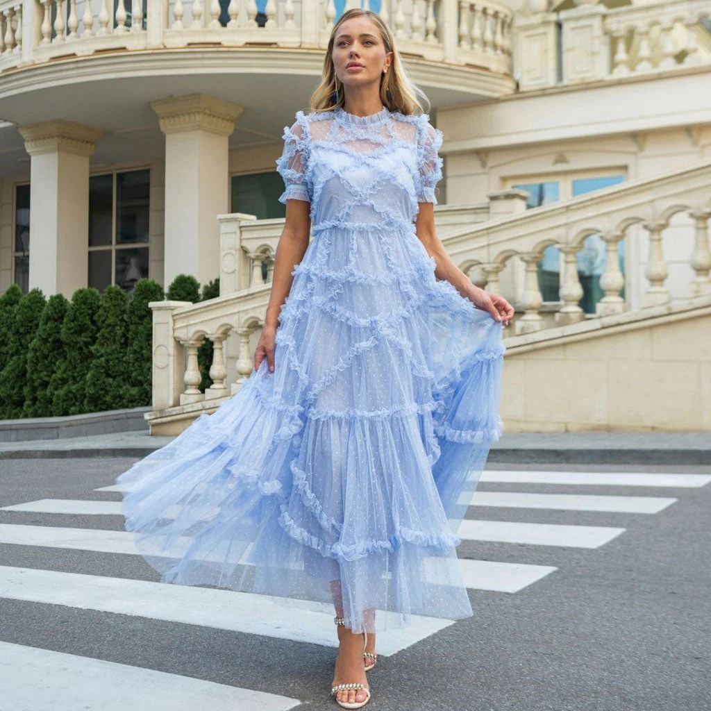 French Style Frill Neck Short Sleeve A Line Dotted Ruffle Tulle Tiered Maxi Dress - Image 4