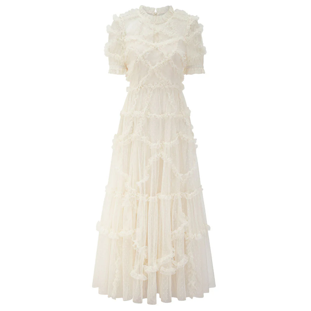 French Style Frill Neck Short Sleeve A Line Dotted Ruffle Tulle Tiered Maxi Dress - Image 6