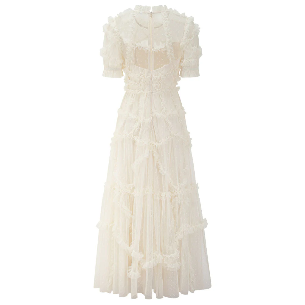 French Style Frill Neck Short Sleeve A Line Dotted Ruffle Tulle Tiered Maxi Dress - Image 7