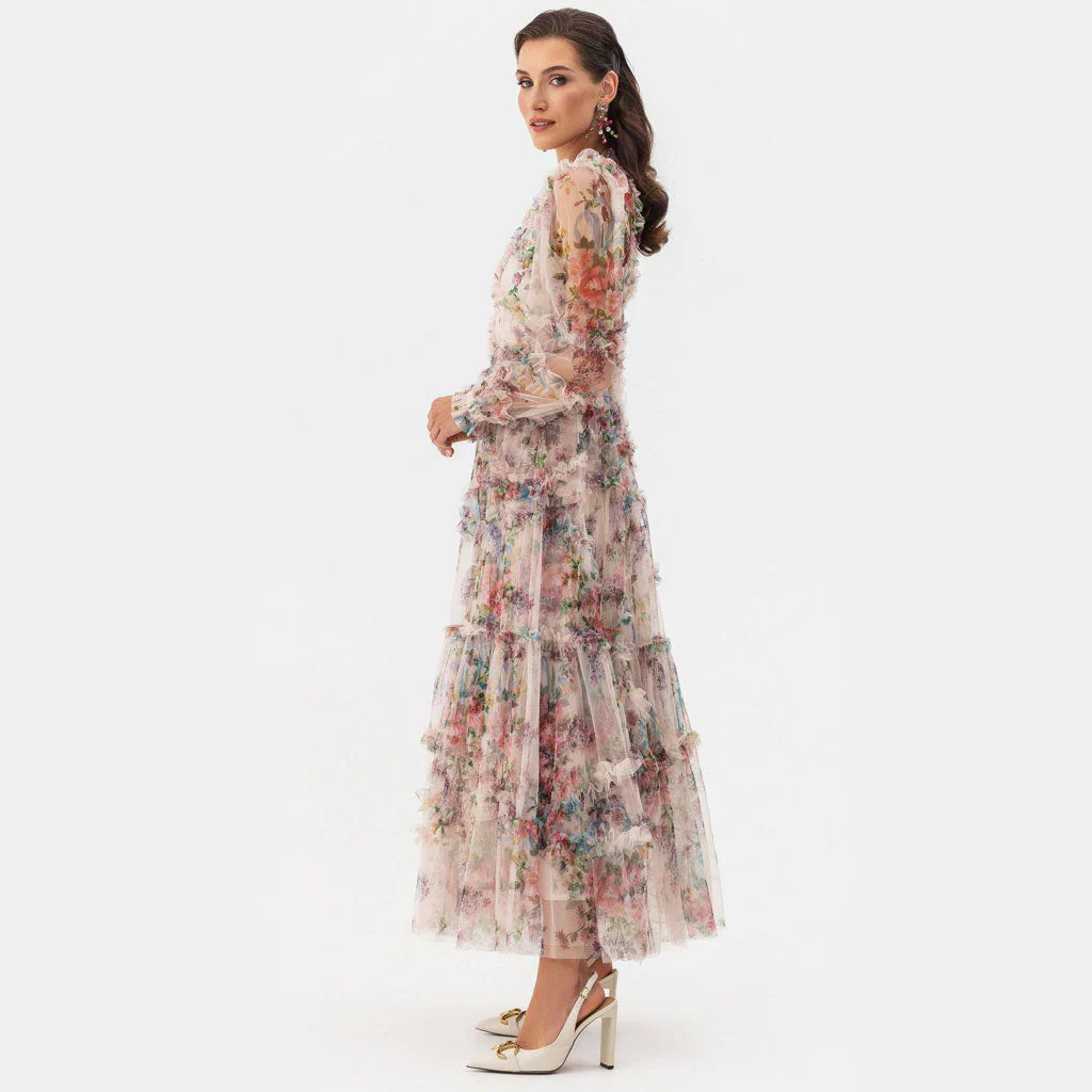 French Style High Neck Bishop Sleeve A Line Ruffle Tiered Floral Tulle Maxi Dress - Image 2