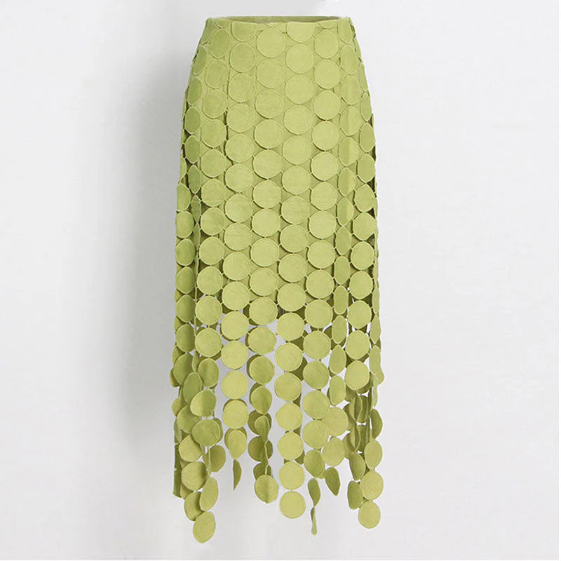 French Style High Waist Laser Cut Circle Fringe Asymmetrical Layered Midi Skirt - Image 3