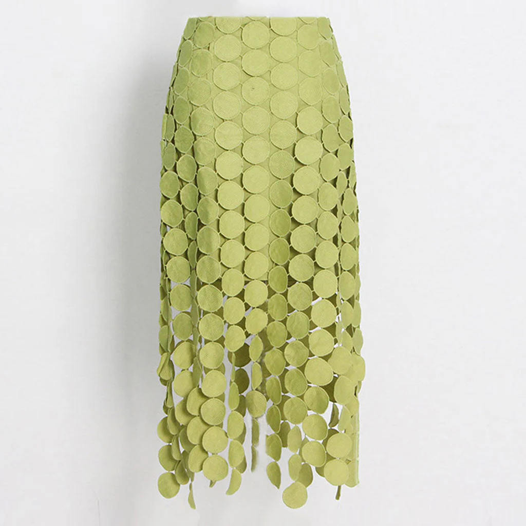 French Style High Waist Laser Cut Circle Fringe Asymmetrical Layered Midi Skirt - Image 4