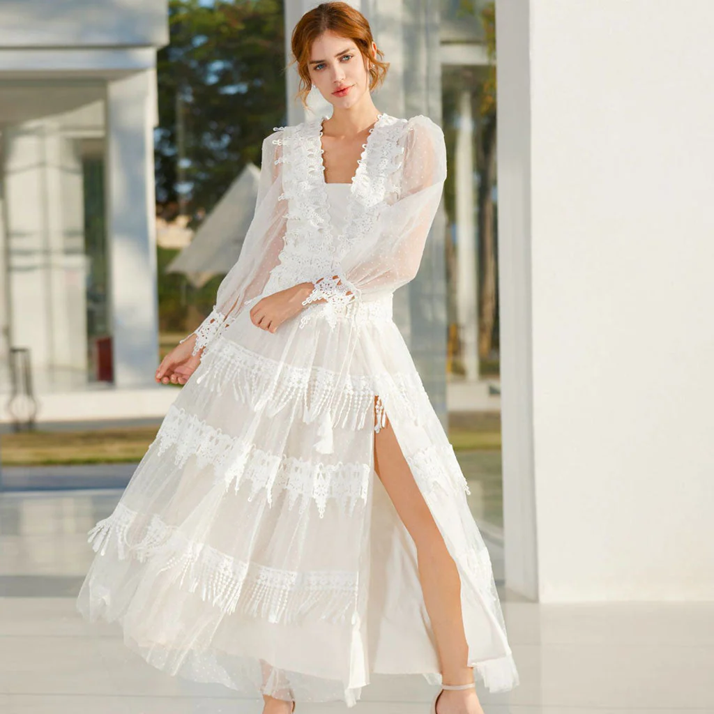 French Style Polka Dot Print Bishop Sleeve High Split Tassel Layered Lace Maxi Dress - Image 2