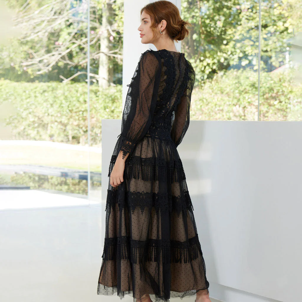 French Style Polka Dot Print Bishop Sleeve High Split Tassel Layered Lace Maxi Dress - Image 5