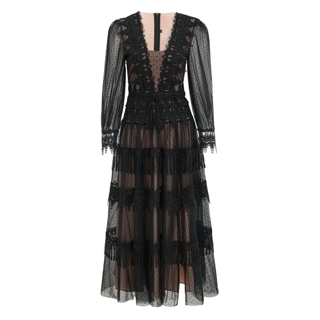 French Style Polka Dot Print Bishop Sleeve High Split Tassel Layered Lace Maxi Dress - Image 6