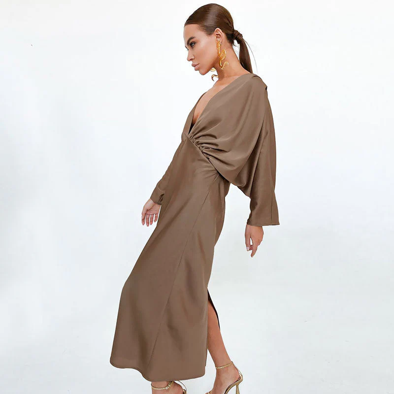 French Style Ruched Deep V Batwing Sleeve Split Cocktail Maxi Dress - Brown - Image 2