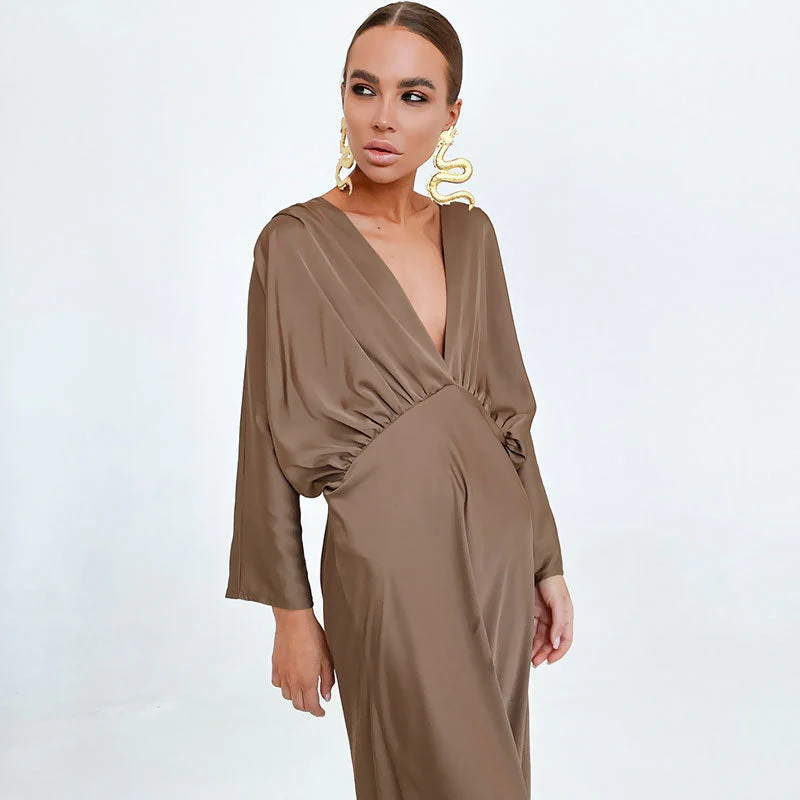 French Style Ruched Deep V Batwing Sleeve Split Cocktail Maxi Dress - Brown - Image 3