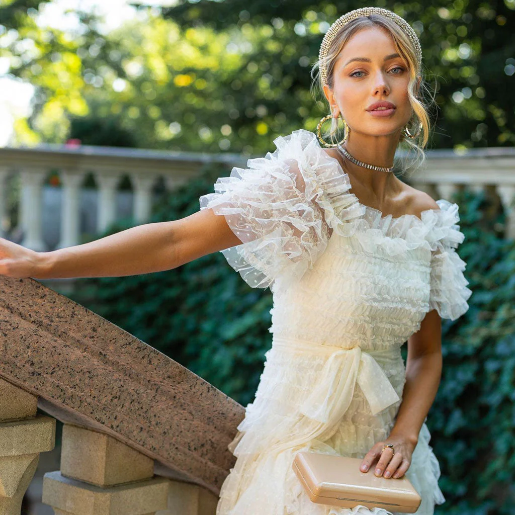 French Style Ruffle Off The Shoulder Short Sleeve Dotted Tulle Tiered Maxi Dress - Image 2