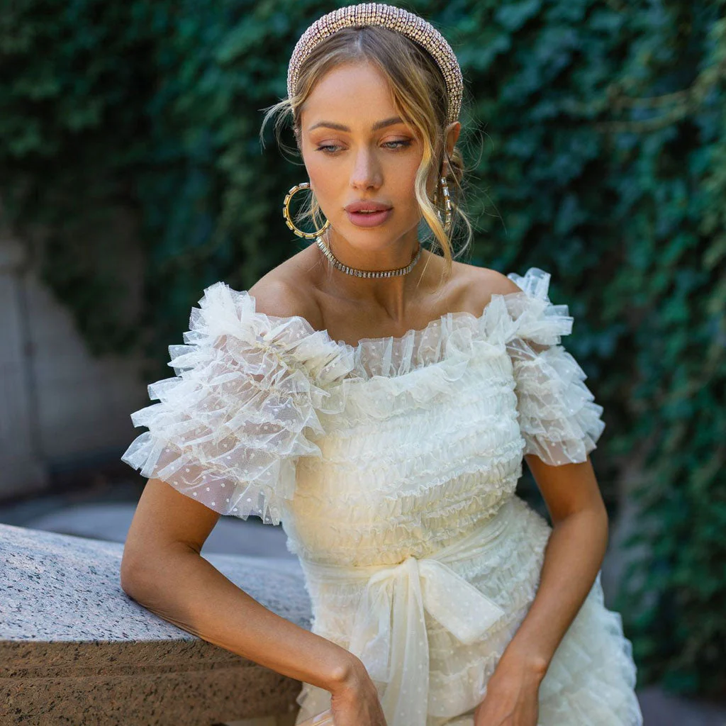 French Style Ruffle Off The Shoulder Short Sleeve Dotted Tulle Tiered Maxi Dress - Image 3