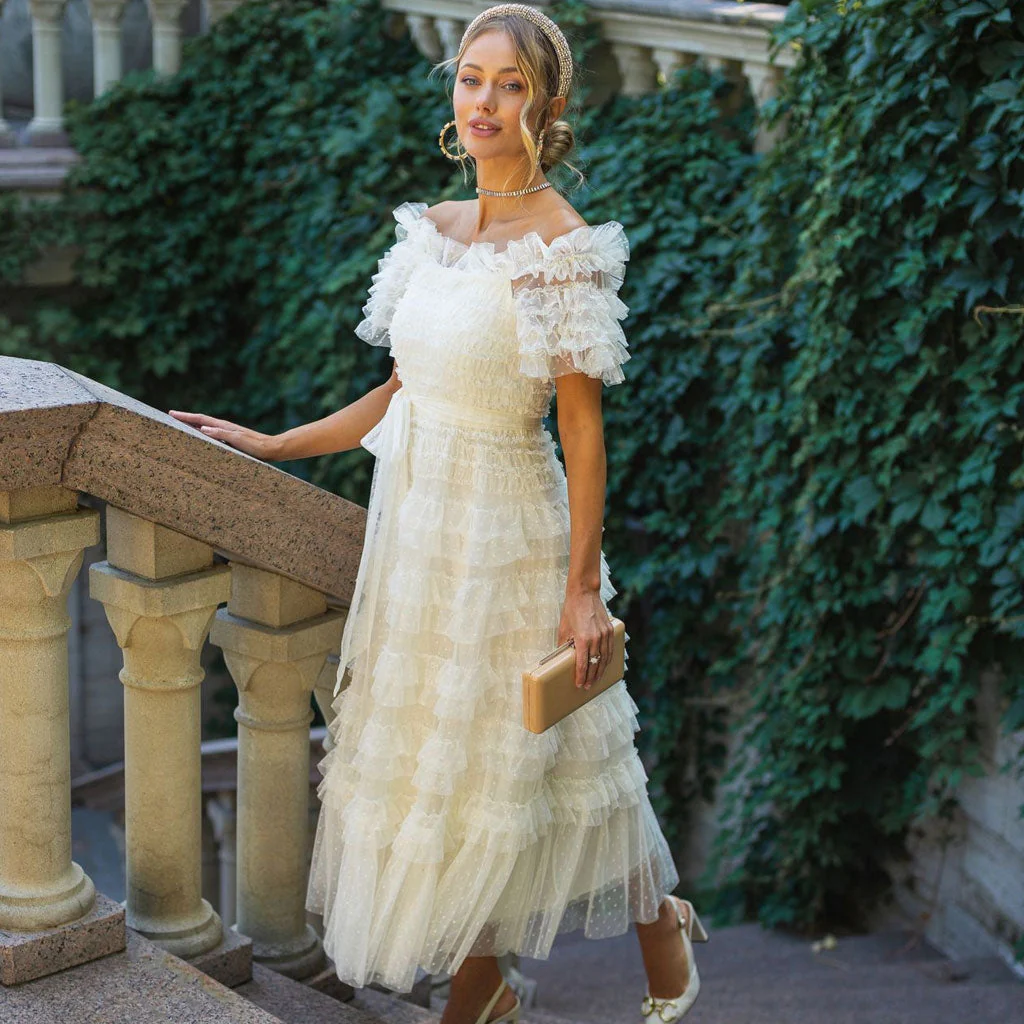 French Style Ruffle Off The Shoulder Short Sleeve Dotted Tulle Tiered Maxi Dress - Image 4