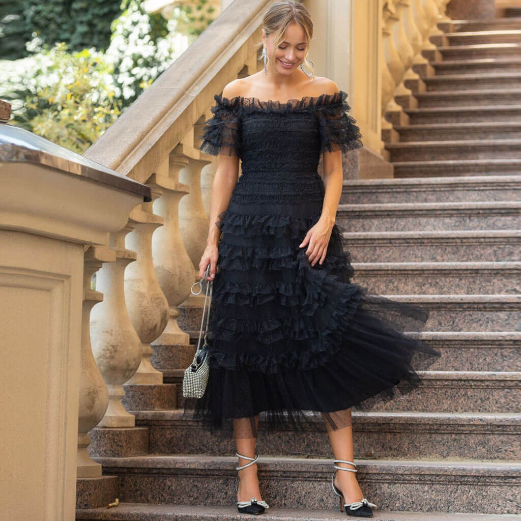 French Style Ruffle Off The Shoulder Short Sleeve Dotted Tulle Tiered Maxi Dress - Image 6