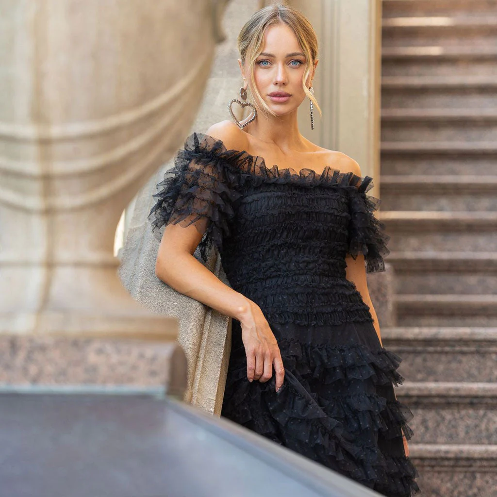 French Style Ruffle Off The Shoulder Short Sleeve Dotted Tulle Tiered Maxi Dress - Image 8