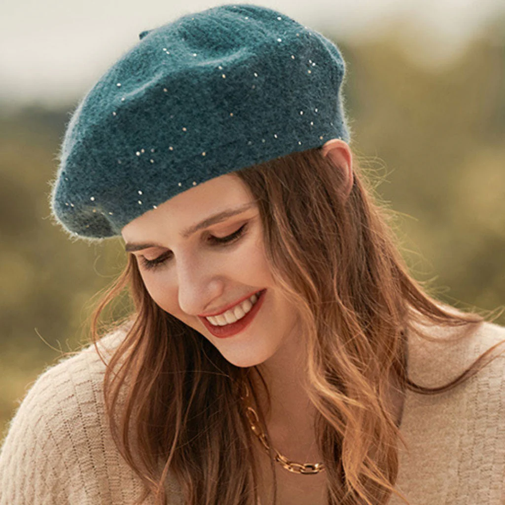 French Style Sparkled Sequin Trim Warm Textured Knit Beret - Image 2