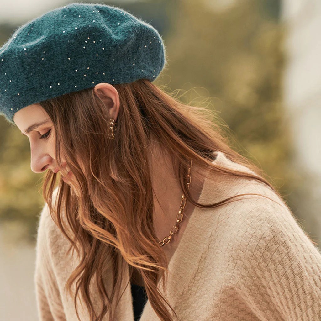 French Style Sparkled Sequin Trim Warm Textured Knit Beret - Image 3