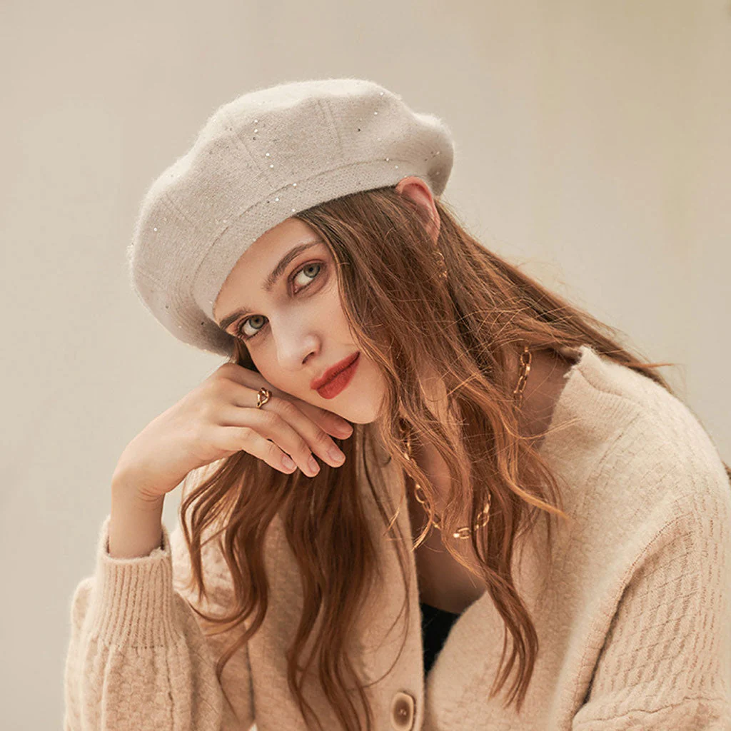 French Style Sparkled Sequin Trim Warm Textured Knit Beret - Image 4
