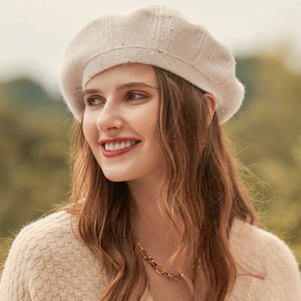 French Style Sparkled Sequin Trim Warm Textured Knit Beret - Image 5