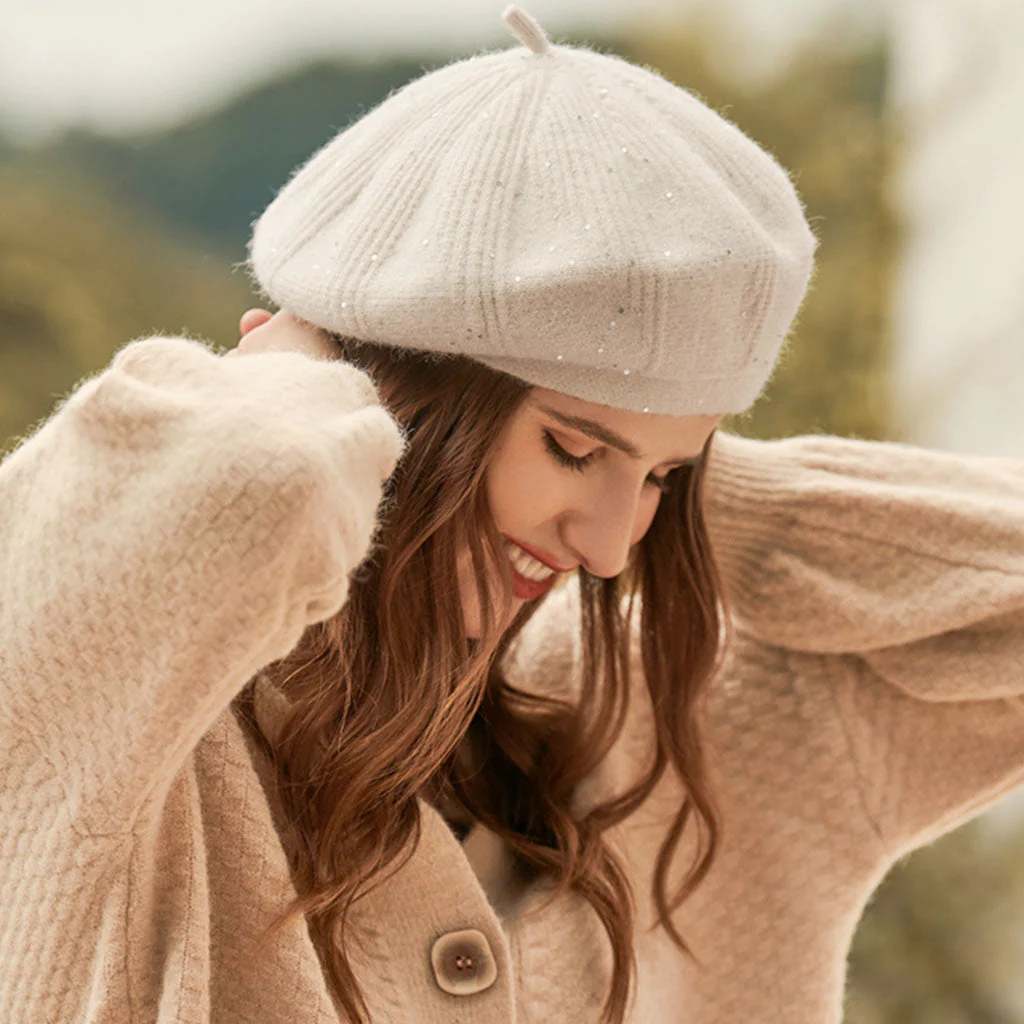 French Style Sparkled Sequin Trim Warm Textured Knit Beret - Image 6