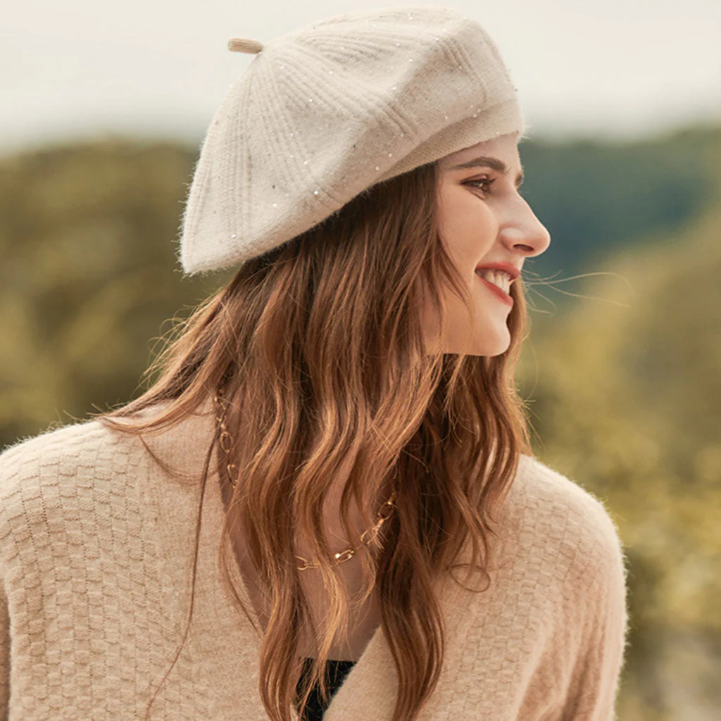 French Style Sparkled Sequin Trim Warm Textured Knit Beret - Image 7
