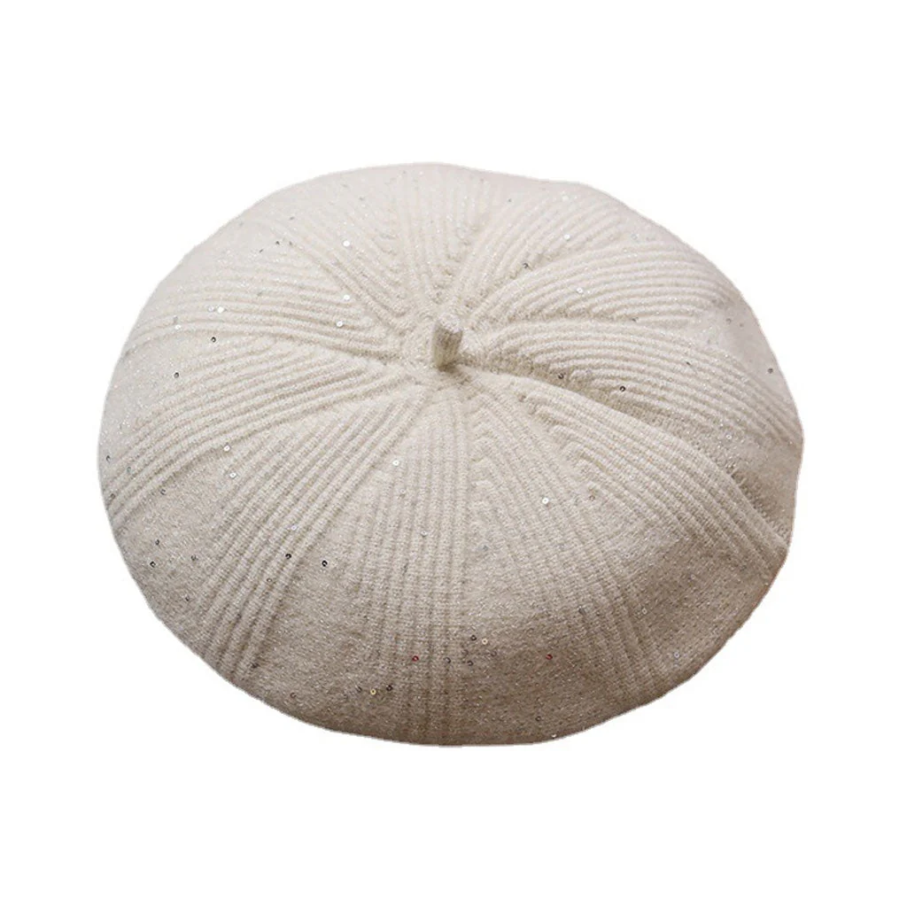 French Style Sparkled Sequin Trim Warm Textured Knit Beret - Image 8