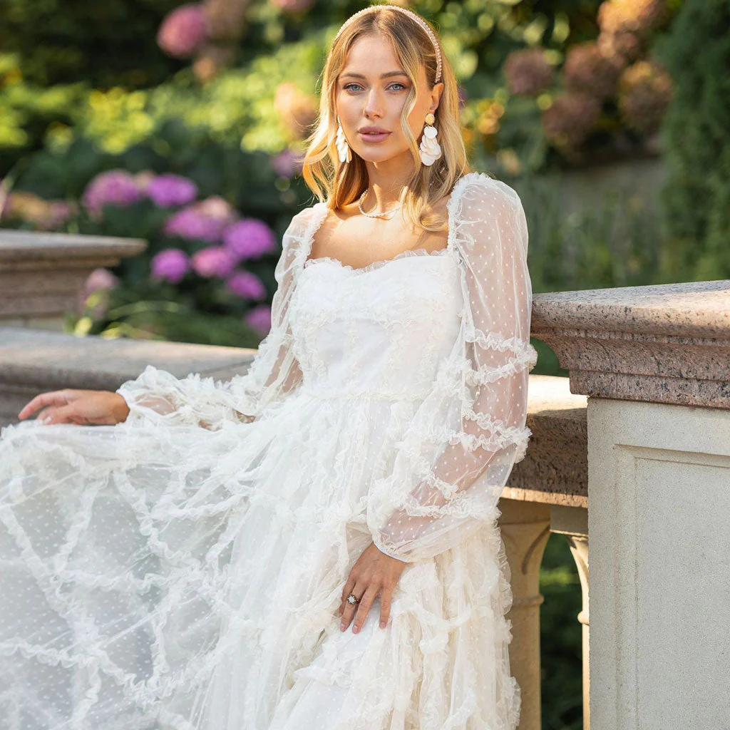 French Style Sweetheart Neck Bishop Sleeve A Line Ruffle Tiered Dotted Tulle Maxi Dress - Image 2