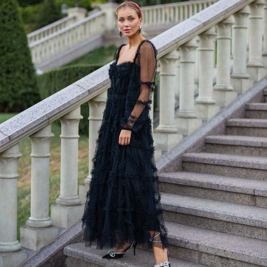 French Style Sweetheart Neck Bishop Sleeve A Line Ruffle Tiered Dotted Tulle Maxi Dress - Image 3
