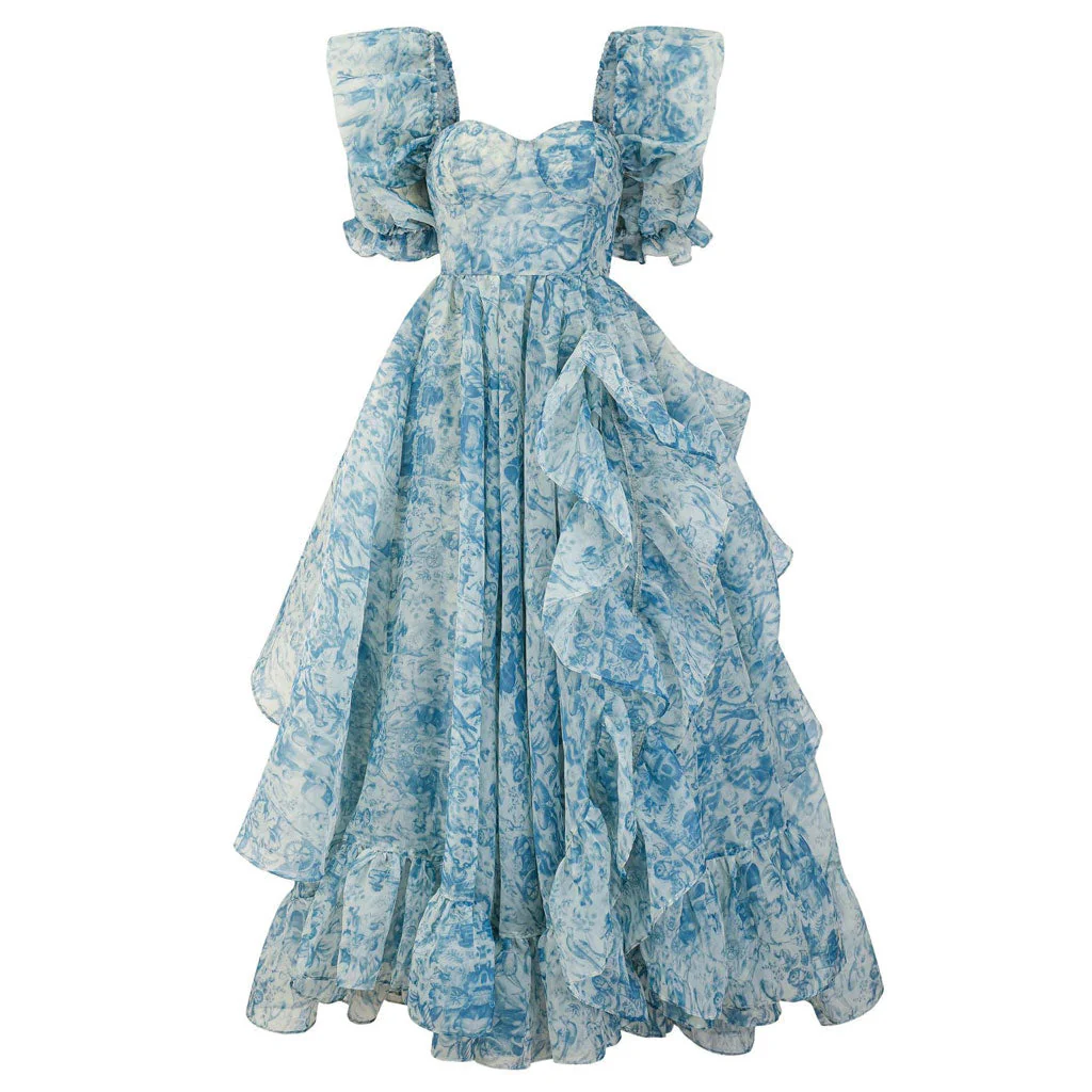 French Style Sweetheart Neck Puff Sleeve A Line Floral Organza Ruffle Tiered Maxi Dress - Image 9