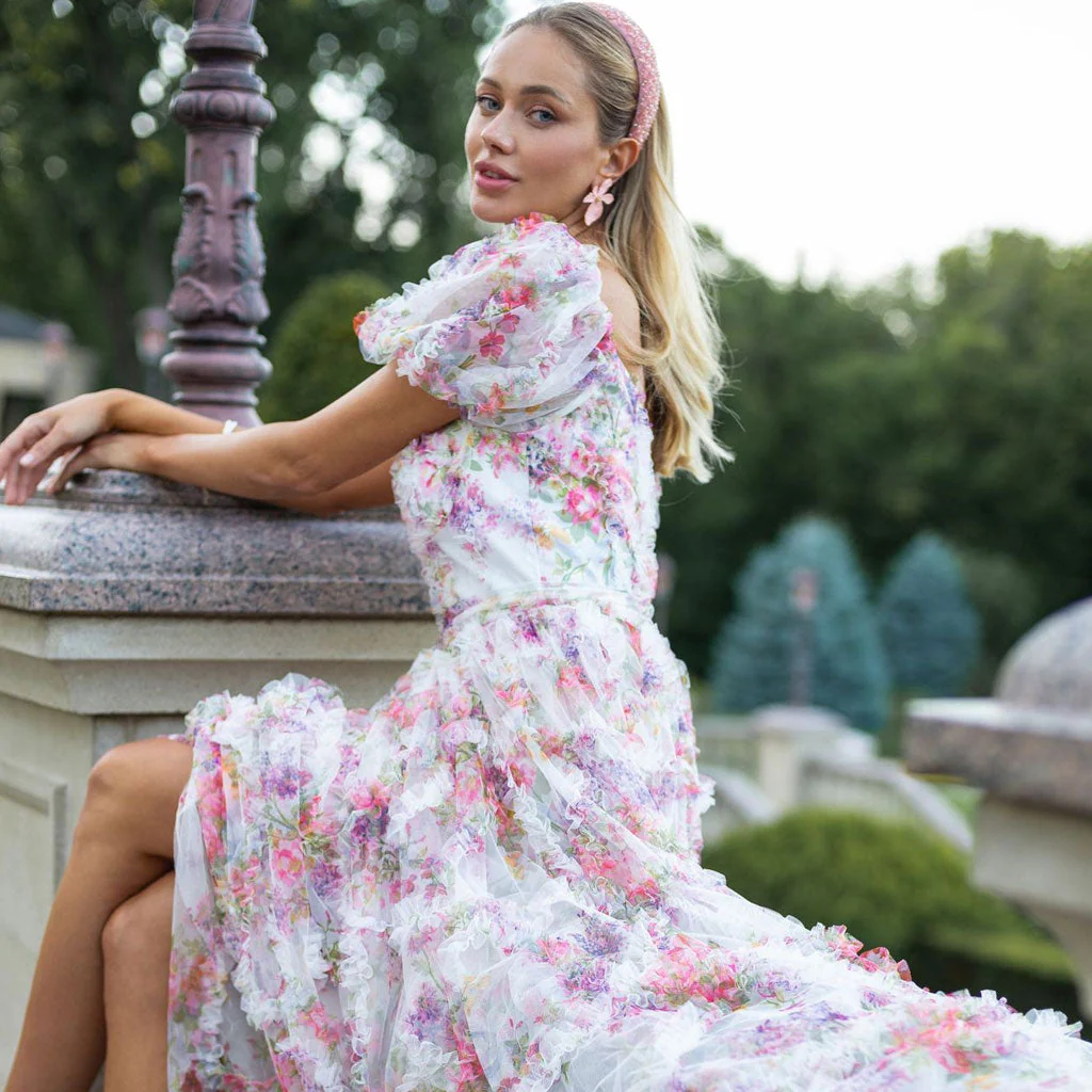 French Style Sweetheart Neck Puff Sleeve A Line Ruffle Tulle Floral Maxi Dress - Image 2